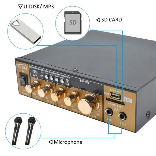 AMPLIFICATORE KARAOKE BLUETOOTH STEREO HIFI 2 CANALI DISPLAY USB SD GOLD ORO 2 AMPLIFICATORE KARAOKE BLUETOOTH STEREO HIFI 2 CANALI DISPLAY USB SD GOLD ORO - immagine 2
