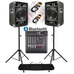 IMPIANTO AUDIO AMPLIFICATO 1400w: 2 Casse + Mixer Attivo + Stativi + 2 Cavi