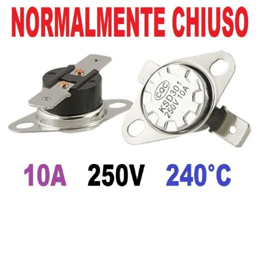 TERMOSTATO TERMICO UNIVERSALE MACCHINE FUMO NEBBIA 240° C 10A 250V KSD301 1 TERMOSTATO TERMICO UNIVERSALE MACCHINE FUMO NEBBIA 240° C 10A 250V KSD301